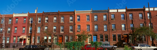Panoramic morning view of red brick row houses of Philadelphia, PA