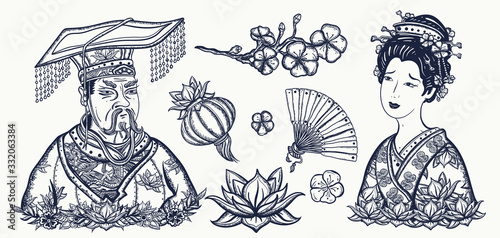 Ancient China. Old school tattoo vector collection. Chinese emperor, queen in traditional costume, fan, red lantern, lotus flower. History and culture. Asian art. Traditional tattooing style