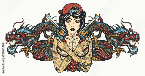 Bad girl and dragons. Chicano art. Criminal asian styleculture. Cool gangster tattooed woman in baseball cap. Favela art. Swag. Hip-hop and rap lifestyle