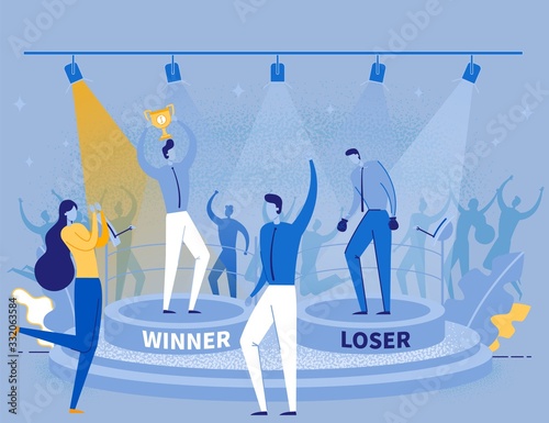 Cartoon Happy Man with Gold Trophy Cup Prize and Upset Frustrated Guy. People in Formal Suits with Tie Standing on Winner and Looser Podium. Business Fight End. Vector Flat Illustration