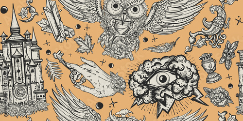 Medieval seamless pattern. Middle ages background. Magic owl, holy grail, all...