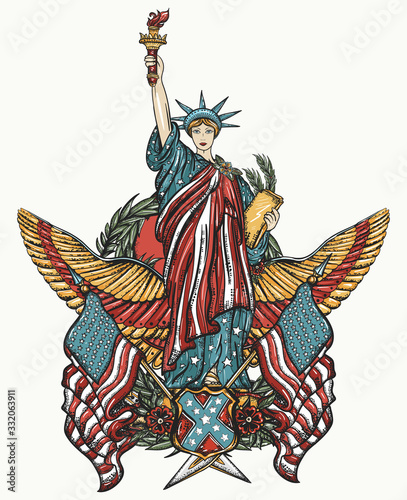 Patriotic art. Statue of liberty, eagle, flag and map. United States of America. Old school tattoo style. History and culture. Traditional USA concept