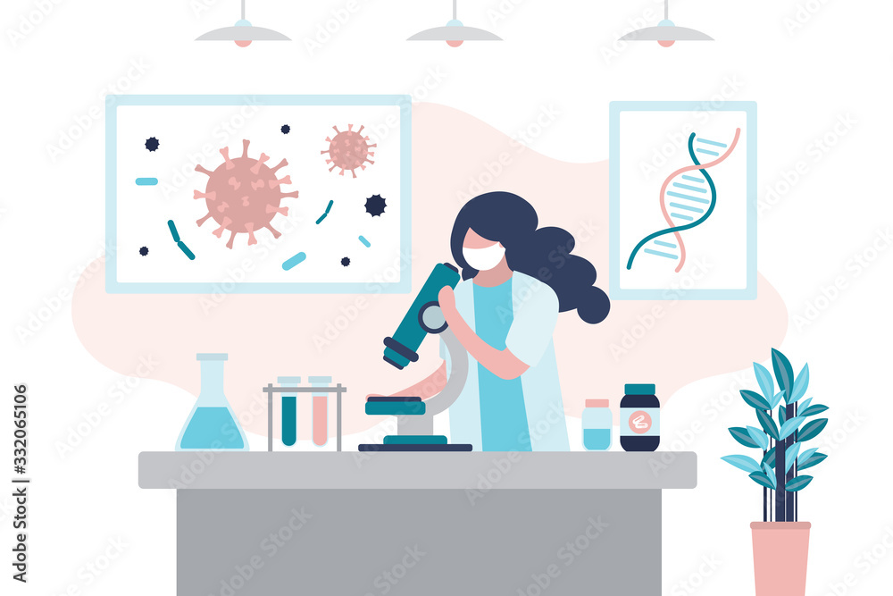 Virologist is researching a new virus, searching for antivirus and medication. Scientist  in uniform and mask. Viral laboratory interior.