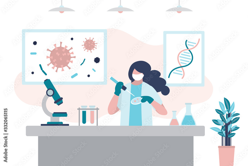 Virologist is researching a new virus, searching for antivirus and medication. Female scientist in uniform and mask Virologist is researching a new virus, searching for antivirus and medication. Female scientist in uniform and mask