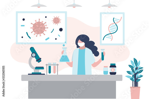 scientist  in uniform and mask. Viral laboratory interior. Vaccine search concept.