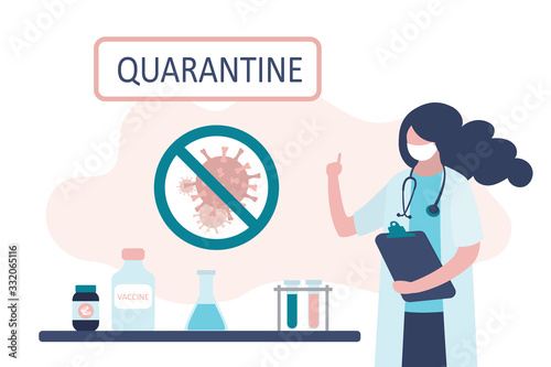 Viral quarantine concept. Female medical scientist warns of the spread of the virus.