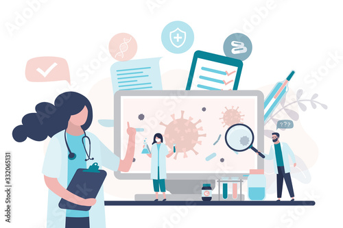 Virologists is researching a new virus, searching for antivirus and medication. Group of scientists  in uniform and protective masks.