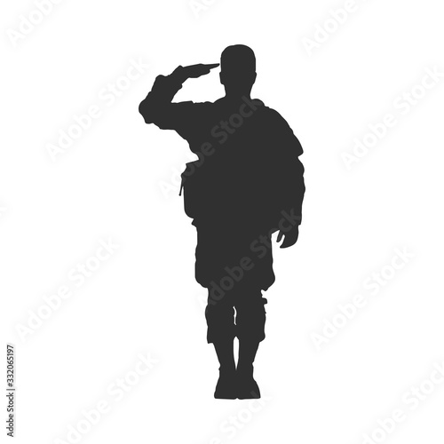 Fototapet Vector silhouette of a saluting soldier on a white background.