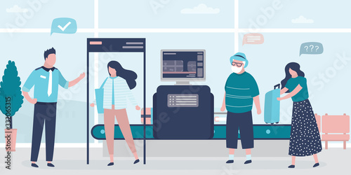 Woman walks through door frame metal detector. Airport security. X-ray luggage scanner.
