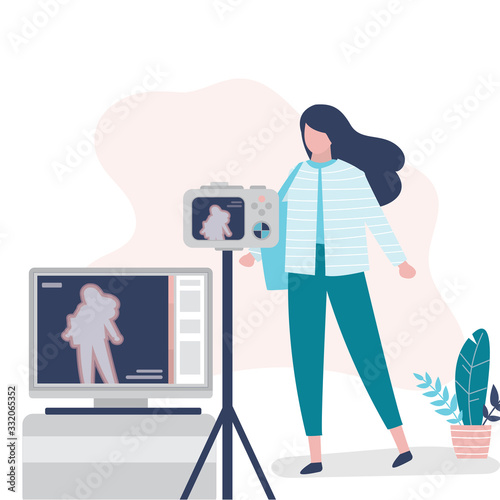 Checks the body temperature of woman. Beauty female character and thermal imager or tester device.
