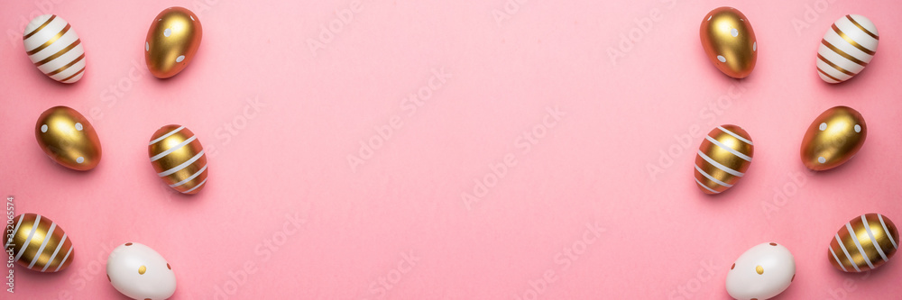 Easter background pink. Easter composition: golden shine decorated eggs in basket. For greeting card, promotion, poster
