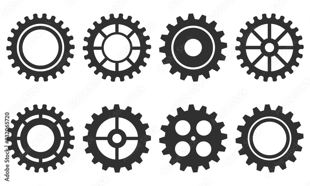 Vector set of isolated gears on a white background.