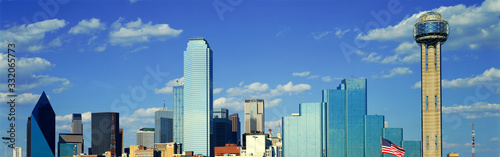 Panoramic View of Dallas  TX skyline at sunset with Reunion Tower