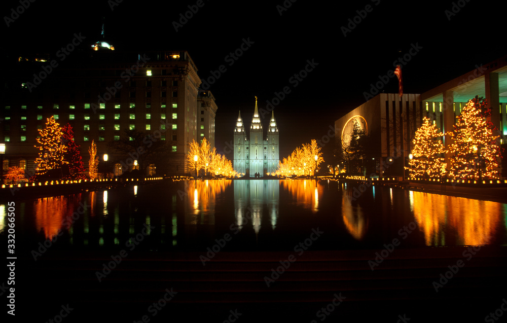 Historic Temple and Square in Salt Lake City at night, during 2002 Winter Olympics, UT