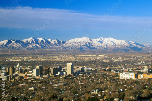 Skyline of Salt Lake City, UT with Snow capped Wasatch Mountains in background