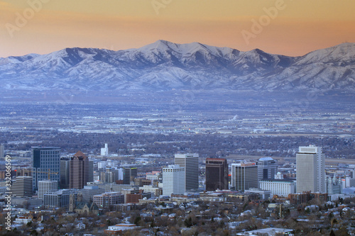 Skyline of Salt Lake City, UT with Snow capped Wasatch Mountains in background