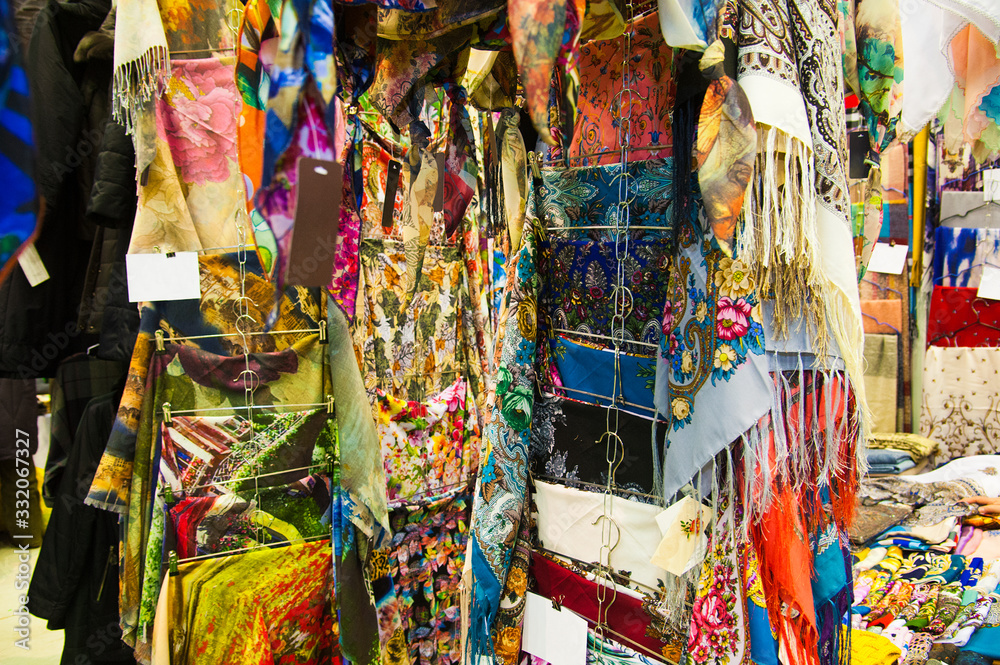 Fototapeta premium Colorful silk scarves or shawls for sale