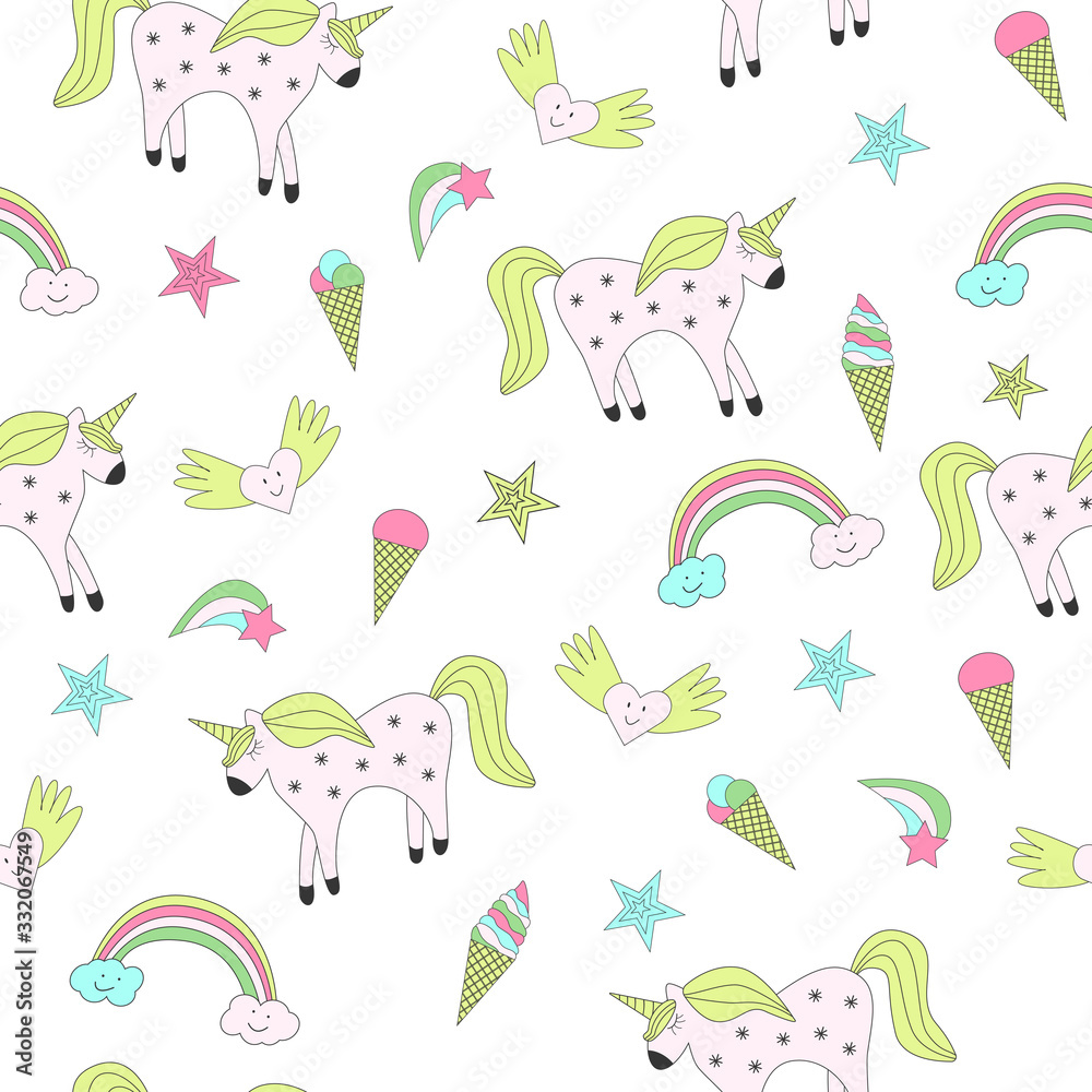 Seamless pattern of fairy-tale drawings and characters unicorn rainbow, clouds and heart, ice cream on a white background.