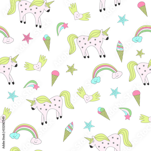 Seamless pattern of fairy-tale drawings and characters unicorn rainbow, clouds and heart, ice cream on a white background.