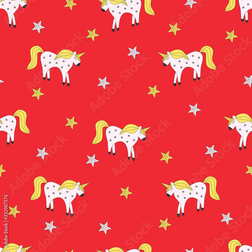 Seamless pattern of fairy-tale drawings and characters unicorn and stars on a red background.