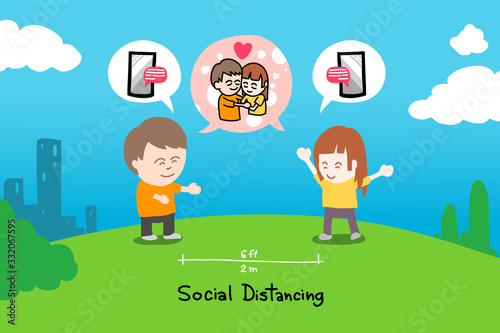 Social distancing of lover concept, drawing vector illustration about couple unable to touch each other or closer. Smartphone is best for working, dating, disease or epidemic situations as Covid-19.
