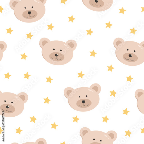 Seamless pattern of A funny bear Face and gold stars on a white background. Children's Wallpaper Vector illustration.