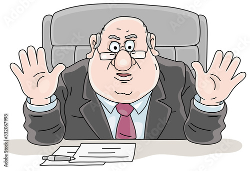Government official sitting at his desk, waving hands and making a speech at a meeting or at a press conference, vector cartoon illustration on a white background