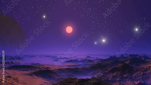 UFO over Misty Planet. A UFO takes off from the foggy horizon, several more circling the sky. Bright sun slowly sets. Large moon rises over stony desert covered with fog.