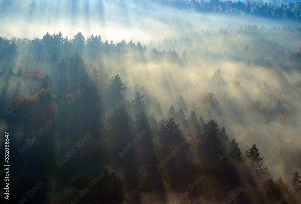 Aerial view of Morning fog and sunrise in autumn near Stowe, VT on Scenic Route 100 Aerial view of Morning fog and sunrise in autumn near Stowe, VT on Scenic Route 100