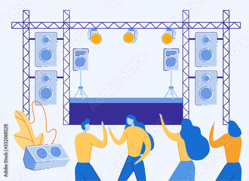 Group of People Standing in Fan Zone Dancefloor Waiting Musical Performance on Outdoor Stage. Men and Women Waving Hands and Cheering in front of Empty Openair Scene Cartoon Flat Vector Illustration