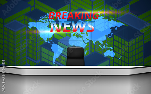 news studio with city in the night background
