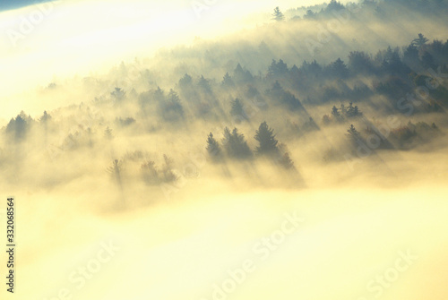 Aerial view of Morning fog and sunrise in autumn near Stowe  VT on Scenic Route 100