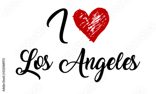 I Love Los Angeles Handwritten Cursive Typographic Template with red heart.