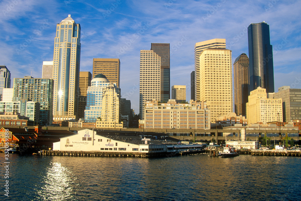 View of Seattle skyline from Bainbridge Ferry at sunset, WA View of Seattle skyline from Bainbridge Ferry at sunset, WA