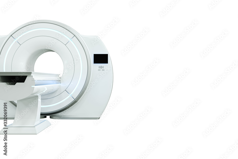 MRI machine, magnetic resonance imaging machine isolated on white background. Concept medicine, technology, future. 3D rendering, 3D illustration, copy space. MRI machine, magnetic resonance imaging machine isolated on white background. Concept medicine, technology, future. 3D rendering, 3D illustration, copy space.