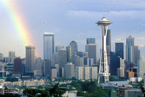 Rainbow over Seattle, WA skyline with Space Needle