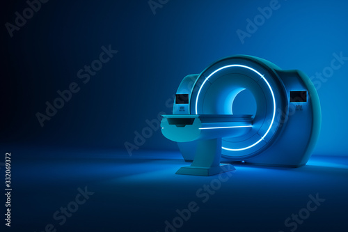 MRI machine, magnetic resonance imaging machine on a dark blue background. Concept medicine, technology, future. 3D rendering, 3D illustration, copy space.