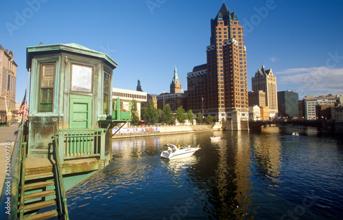 Milwaukee skyline with Menomonee River in foreground, WI photo