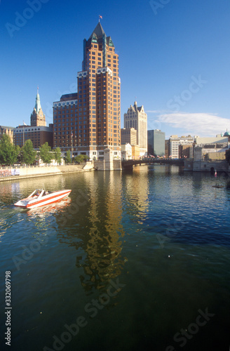 Milwaukee skyline with Menomonee River in foreground, WI photo