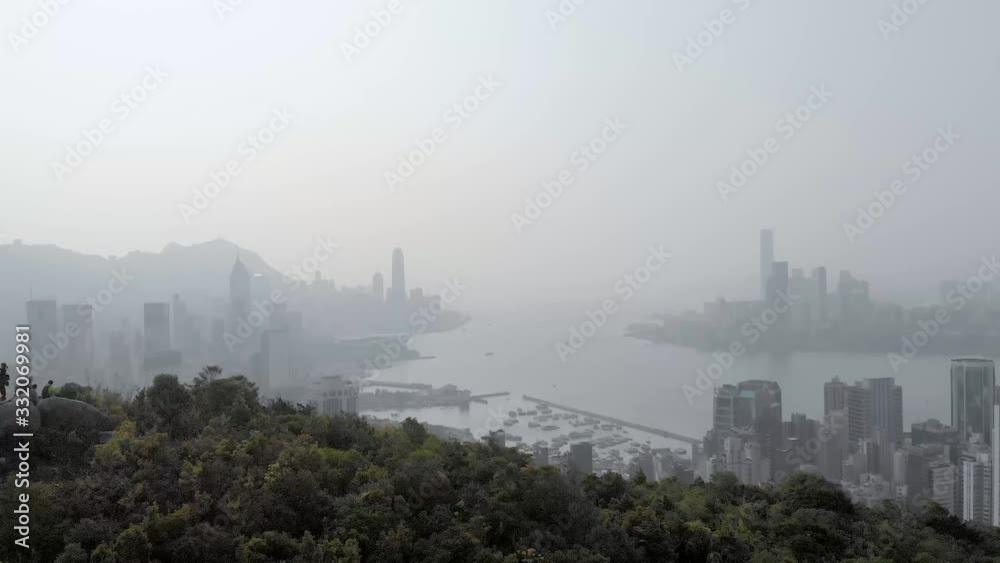 Hong Kong skyline reveal on foggy day Hong Kong skyline reveal on foggy day