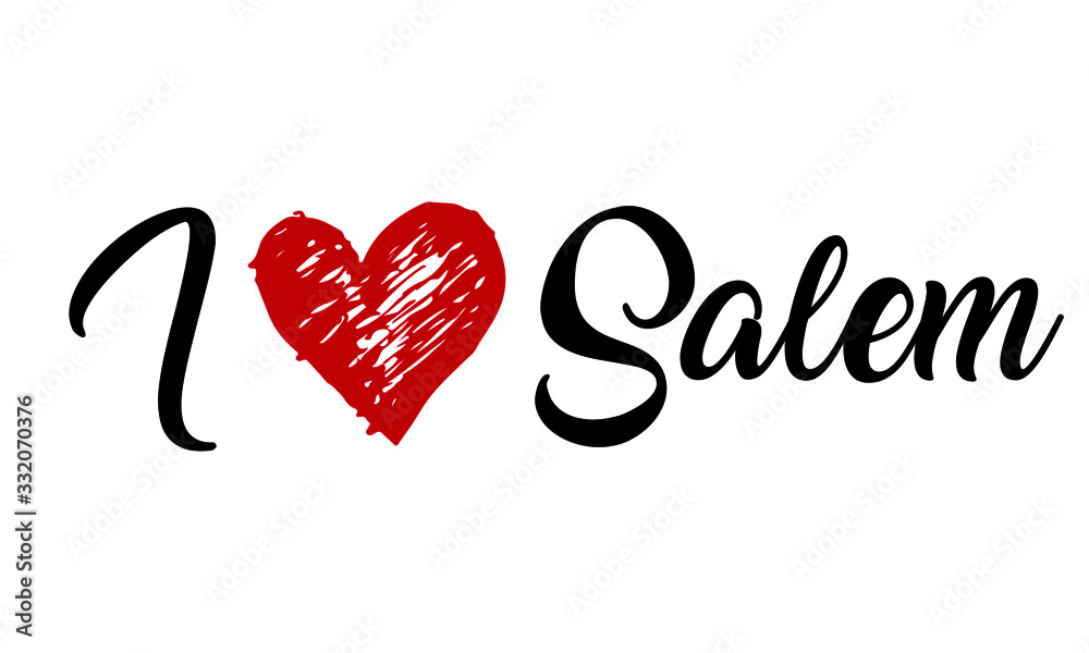 I Love Salem Handwritten Cursive Typographic Template with red heart.