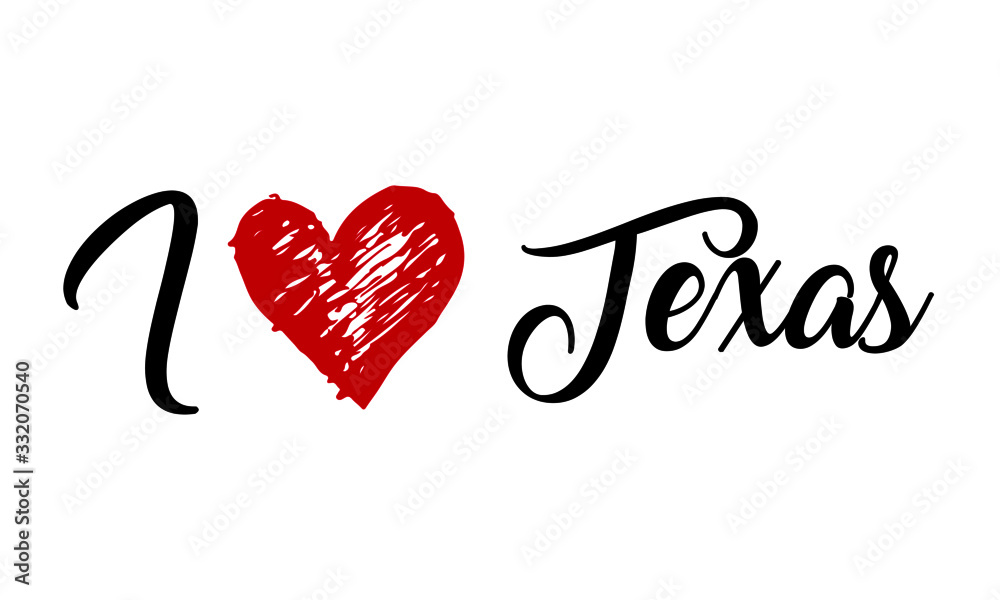 I Love Texas Handwritten Cursive Typographic Template with red heart.