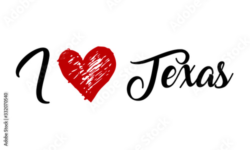 I Love Texas Handwritten Cursive Typographic Template with red heart.