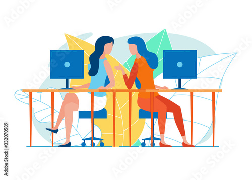 Two Women, Office Colleagues, Taking Advantage of Small Break, Sitting on Swivel Chairs at Neighboring Desks with Personal Computers, Talking to Each Other, Discussing Work or Office Rumors