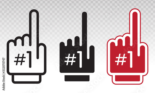 set of number 1 (one) fan hand glove with finger raised flat vector icon on a transparent background.