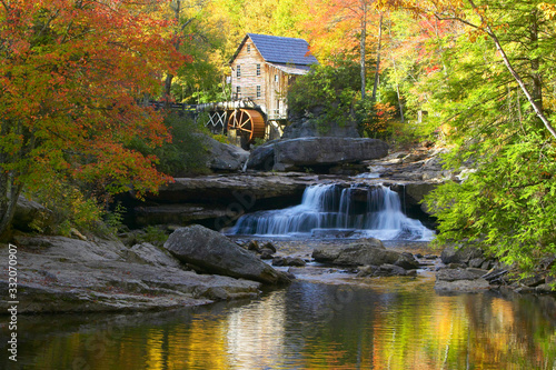 Photography Glade Creek Grist Mil and autumn reflections and water fall in Babcock State Par
