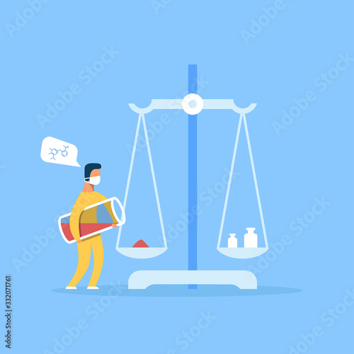 Cartoon Man Scientist Weighs Chemical Powder on Huge Scales Thinking about New Mediation Molecular Formula. Researcher or Laboratory Assistant at Wok. Chemistry Balance Tool. Vector Flat Illustration