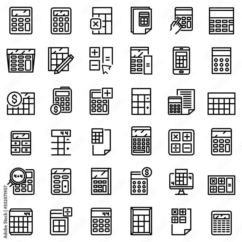Calculator icons set. Outline set of calculator vector icons for web design isolated on white background