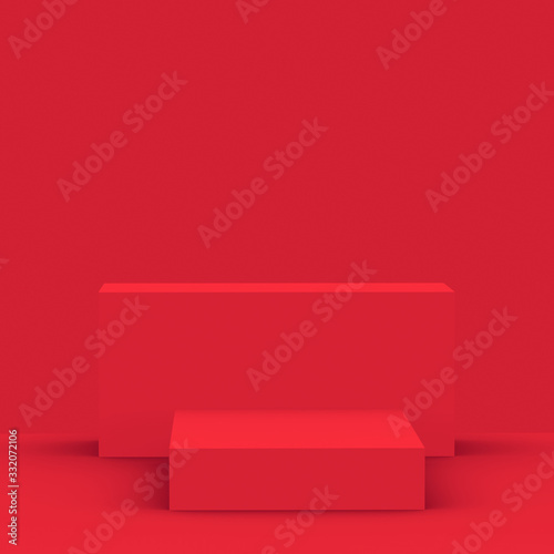 3d red white stage podium scene minimal studio background. Abstract 3d geometric shape object illustration render. Display for chinese new year holiday and merry christmas product. © Mama pig