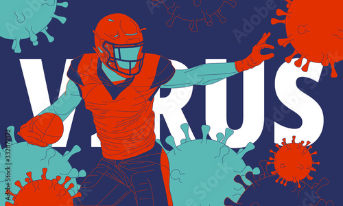 The illustration of  american football player surrounded by a virus.